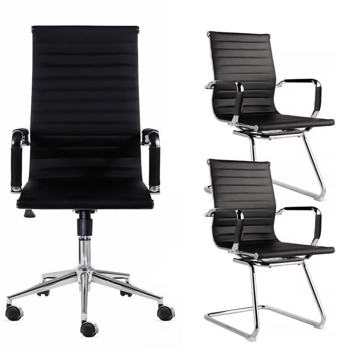 1 Cadeira Presidente Giratória Preta + 2 Cadeira Interlocutor Pés Fixos Preta - Cores